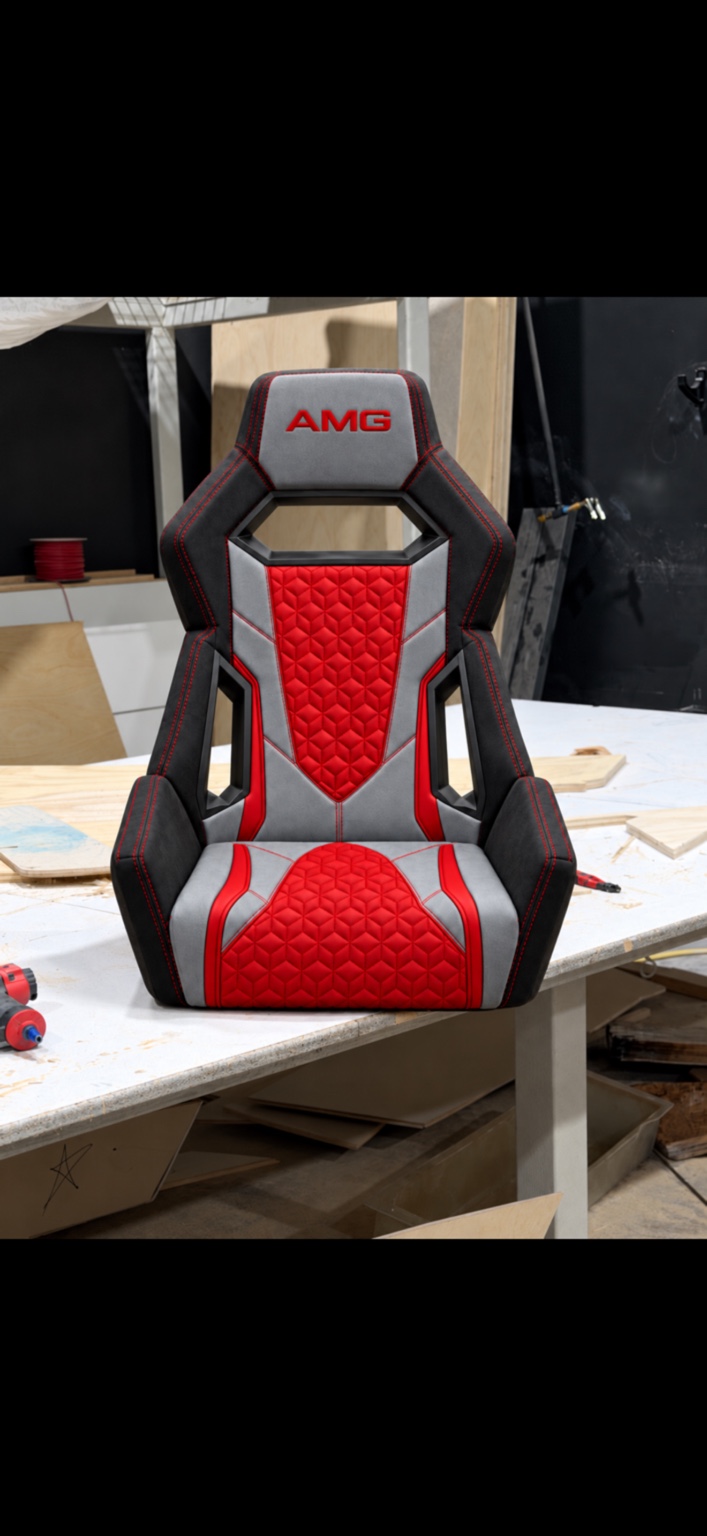 AMG seat with red patterned inserts, grey panels, black bolsters and red stitching